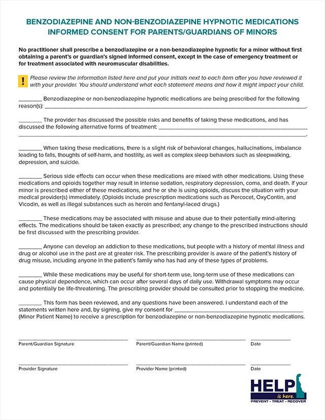 Benzodiazepine and Non-Benzodiazepine Hypnotic Medications Informed Consent for Parents/Guardians of Minors