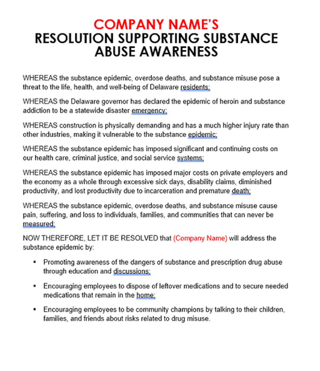 Customizable Employer Resolution Supporting Substance Abuse Awareness